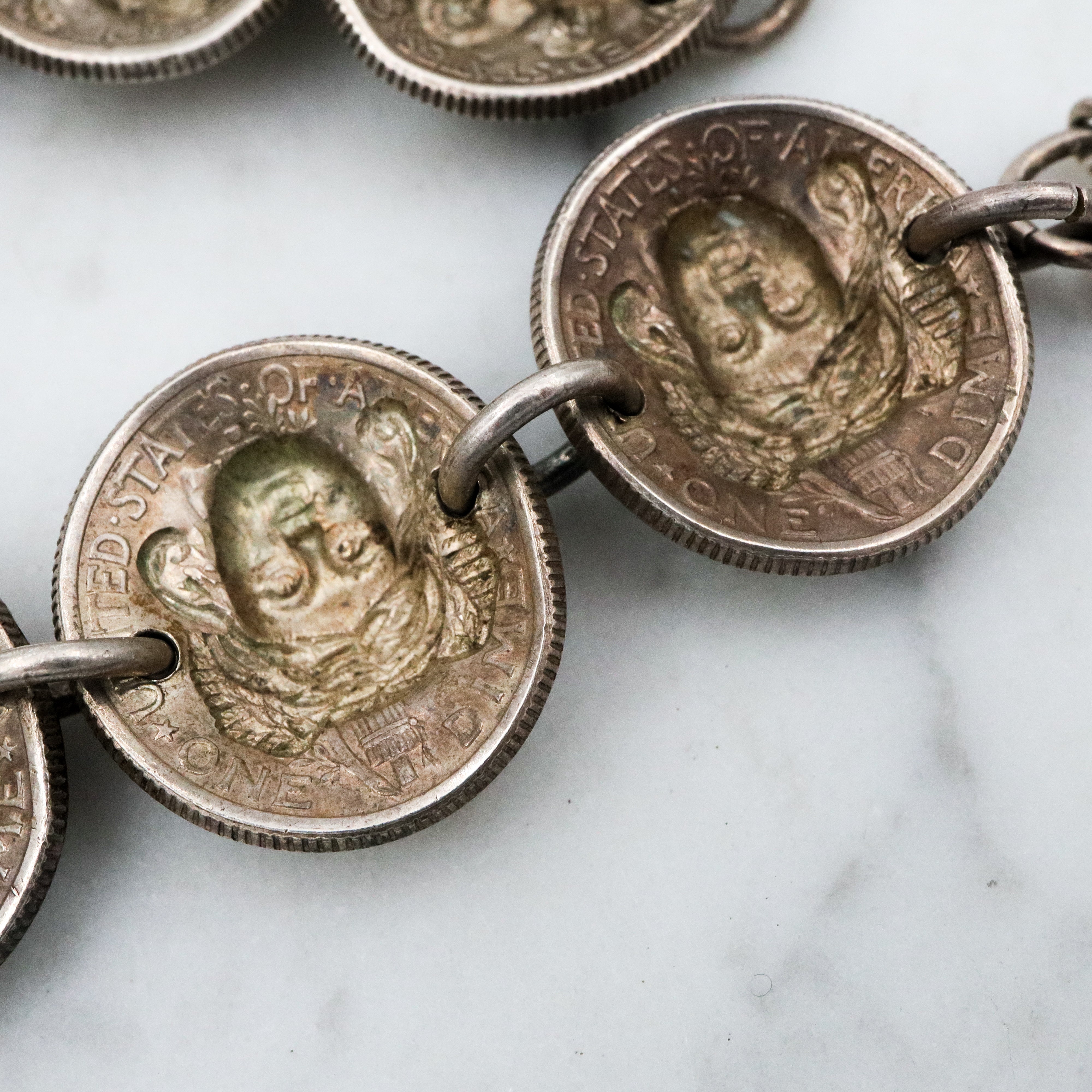 Antique 1940s silver Mercury dime pop out Liberty coin bracelet